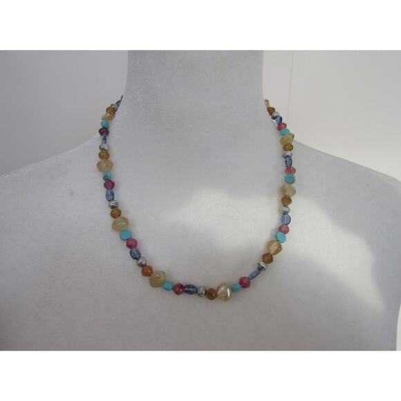 Multi Colored Round Gemstone Beaded Silver Tone Necklace Collar 18" Whimsical - Picture 1 of 4